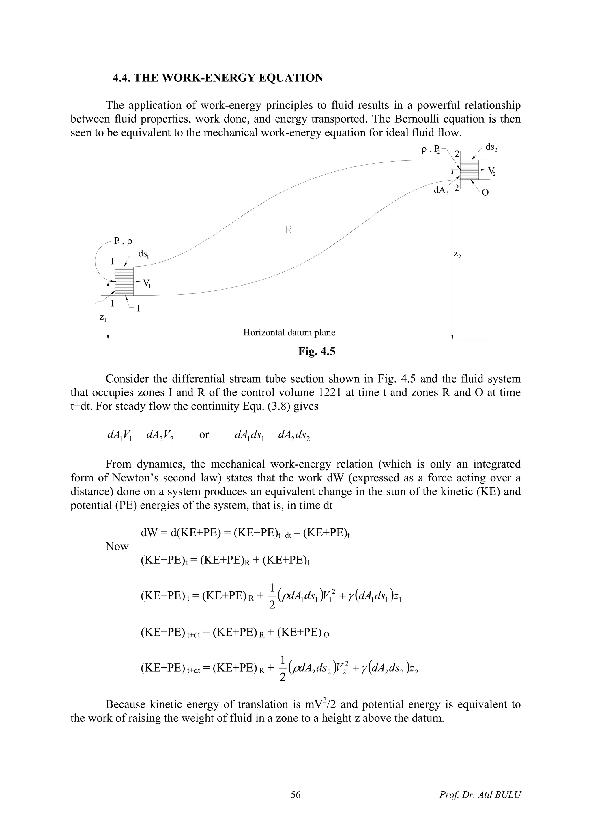 4.4. THE WORK-ENERGY EQUATION
The application of work-energy principles to fluid results in a powerful relationship
between fluid properties, work done, and energy transported. The Bernoulli equation is then
seen to be equivalent to the mechanical work-energy equation for ideal fluid flow.
P , ρ
V
V
1
1
ds
I
1
1
ds
OdA
ρ , P2
2
2
2
Horizontal datum plane
2
2
2
1
1
1
z
z
Fig. 4.5
Consider the differential stream tube section shown in Fig. 4.5 and the fluid system
that occupies zones I and R of the control volume 1221 at time t and zones R and O at time
t+dt. For steady flow the continuity Equ. (3.8) gives
2211 VdAVdA = or 2211 dsdAdsdA =
From dynamics, the mechanical work-energy relation (which is only an integrated
form of Newton’s second law) states that the work dW (expressed as a force acting over a
distance) done on a system produces an equivalent change in the sum of the kinetic (KE) and
potential (PE) energies of the system, that is, in time dt
dW = d(KE+PE) = (KE+PE)t+dt – (KE+PE)t
Now
(KE+PE)t = (KE+PE)R + (KE+PE)I
(KE+PE) t = (KE+PE) R + ( ) ( 111
2
111
2
1
zdsdAVdsdA γρ + )
(KE+PE) t+dt = (KE+PE) R + (KE+PE) O
(KE+PE) t+dt = (KE+PE) R + ( ) ( 222
2
222
2
1
zdsdAVdsdA γρ + )
Because kinetic energy of translation is mV2
/2 and potential energy is equivalent to
the work of raising the weight of fluid in a zone to a height z above the datum.
Prof. Dr. Atıl BULU56
 