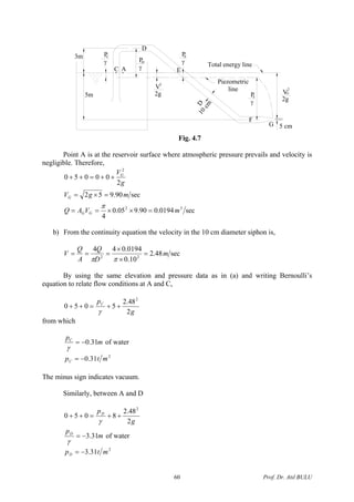 G
Piezometric
lineV
2g5m
10cm
D
F
P
γ
F
3m
DP
γ
P
γ
C A
C
D
Total energy line
P
γ
E
2
E
2
V
2g
5 cm
G
Fig. 4.7
Point A is at the reservoir surface where atmospheric pressure prevails and velocity is
negligible. Therefore,
sec0194.090.905.0
4
sec90.952
2
00050
32
2
mVAQ
mgV
g
V
GG
G
G
=××==
=×=
++=++
π
b) From the continuity equation the velocity in the 10 cm diameter siphon is,
sec48.2
10.0
0194.044
22
m
D
Q
A
Q
V =
×
×
===
ππ
By using the same elevation and pressure data as in (a) and writing Bernoulli’s
equation to relate flow conditions at A and C,
g
pC
2
48.2
5050
2
++=++
γ
from which
m
pC
31.0−=
γ
of water
2
31.0 mtpC −=
The minus sign indicates vacuum.
Similarly, between A and D
g
pD
2
48.2
8050
2
++=++
γ
m
pD
31.3−=
γ
of water
2
31.3 mtpD −=
Prof. Dr. Atıl BULU60
 