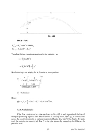 5 m
1 m
30°
Fig. 4.11
SOLUTION:
( )
( ) jjzO
jjxO
VSinVV
VCosVV
5.030
866.030
0
0
==
==
Therefore the two coordinate equations for the trajectory are
( )
( ) 20
0
2
1
30
30
gttSinVz
tCosVx
j
j
−=
=
By eliminating t and solving for Vj from these two equations,
( )
( )
sec31.9
1577.052
81.9
866.0
5
30230
21
21
00
mV
zxTan
g
Cos
x
V
j
j
=
⎥
⎦
⎤
⎢
⎣
⎡
−×
=
⎥
⎦
⎤
⎢
⎣
⎡
−
=
Hence
sec0183.031.905.0
4
32
mVAQ jj =××==
π
4.6.3. Venturimeter
If the flow constriction in a pipe, as shown in Fig. 4.12, is well streamlined, the loss of
energy is practically equal to zero. The difference in velocity heads, Δ(V2
/2g), at two sections
across the constriction results in a change in potential heads, Δhpz=Δ(p/γ)+Δz. Such a device is
used for metering the quantity of flow Q in the pipe system by measuring the difference in
potential head.
Prof. Dr. Atıl BULU65
 