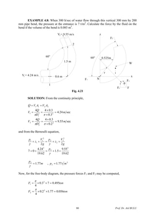 EXAMPLE 4.8: When 300 lt/sec of water flow through this vertical 300 mm by 200
mm pipe bend, the pressure at the entrance is 7 t/m2
. Calculate the force by the fluid on the
bend if the volume of the bend is 0.085 m3
.
F2
1
60°
1.5 m
0.6 m
2
NF1
60°
r
0.525m
V = 9.55 m/s2 z
Fz F
W
θ
Fx
x1V = 4.24 m/s
Fig. 4.21
SOLUTION: From the continuity principle,
sec55.9
2.0
3.044
sec24.4
3.0
3.044
22
2
2
22
1
1
2211
m
D
Q
V
m
D
Q
V
AVAVQ
=
×
×
==
=
×
×
==
==
ππ
ππ
and from the Bernoulli equation,
62.19
55.9
5.1
62.19
24.4
07
22
2
2
2
2
2
2
2
2
1
1
1
++=++
++=++
γ
γγ
p
g
V
z
p
g
V
z
p
m
p
77.12
=
γ
, 2
2 77.1 mtp =
Now, for the free-body diagram, the pressure forces F1 and F2 may be computed,
tonF
tonF
056.077.12.0
4
495.073.0
4
2
2
2
1
=××=
=××=
π
π
Prof. Dr. Atıl BULU80
 