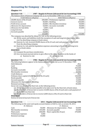 Accounting for Company – Absorption
Chapter # 4
Page 62
Sameer Hussain www.a4accounting.weebly.com
Question # 10: 1987 – Regular & Private (Advanced & Cost Accounting)–UOK
The balance sheet of Kamran Company Ltd. as on 31 December 1986 was as under:
Credit Balances (Rupees) Debit Balances (Rupees)
20,000 shares of Rs.10 each 200,000 Preliminary expenses 40,000
General reserve 40,000 Building 150,000
Profit & loss account 20,000 Merchandise inventory 50,000
Allowance for depreciation 10,000 Accounts receivable 50,000
Allowance for bad debts 5,000 Cash 45,000
Long term loan 50,000
Accounts payable 10,000
335,000 335,000
The company was absorbed by Adnan Co. Ltd. on the following terms:
(a) All the assets and liabilities (with the exception of cash and long term loan) were taken
over by absorbing company at book values.
(b) Kamran Co. Ltd. received 20,000 shares of Rs.10 each and cash payment of Rs.50,000
from the absorbing company.
(c) Kamran Co. Ltd. paid the liquidation expenses amounting to Rs.10,000 and long term
loan at book values.
REQUIRED
(1) Compute the purchase consideration.
(2) Give necessary journal entries to give effect to the above decision on the books of:
a) Kamran Co. Ltd. b) Adnan Co. Ltd.
Question # 11: 1986 – Regular & Private (Advanced & Cost Accounting)–UOK
The following balances appear in the balance sheet of Imran Ltd. as on 31 December 1985:
Debit Balances: (Rs.)
Land 75,000
Building 250,000
Accounts receivable 30,000
Merchandise inventory 20,000
Credit Balances: (Rs.)
Ordinary share capital (15,000 shares of Rs.10 each) 150,000
Bonds payable 50,000
Accounts payable 15,000
Allowance for depreciation – Building 75,000
Retained earnings 85,000
Imran Ltd. was absorbed by Hani Ltd. on the following terms:
(a) All the assets and accounts payable to be taken over by the Hani Ltd. at book values.
(b) Shareholders of Imran Ltd. to receive 25,000 shares of Rs.10 each and a cash payment of
Rs.25,000 from Hani Ltd.
(c) Bondholders of Imran Ltd. to receive 6,000 shares of Rs.10 each in Hani Ltd.
REQUIRED:
Entries in General Journal of Imran Ltd.
Question # 12: 2011 – Regular (Advanced & Cost Accounting)–UOK
The following are the asset and equity account balance of A.B Co. Ltd. as on June 30, 2011.
Dr. Balances Cr. Balances
Cash 50,000 Allowance for depreciation – Plant 50,000
Merchandise inventory 105,000 Accounts payable 50,000
Plant assets 200,000 Share capital (Rs.10 par) 270,000
Preliminary expenses 5,000
Retained earnings 10,000
 
