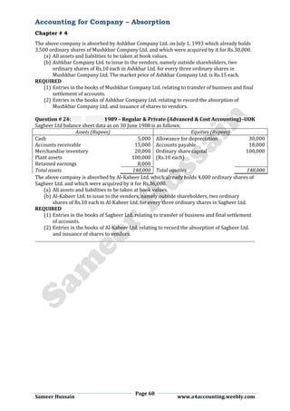 Accounting for Company – Absorption
Chapter # 4
Page 68
Sameer Hussain www.a4accounting.weebly.com
The above company is absorbed by Ashkbar Company Ltd. on July 1, 1993 which already holds
3,500 ordinary shares of Mushkbar Company Ltd. and which were acquired by it for Rs.30,000.
(a) All assets and liabilities to be taken at book values.
(b) Ashkbar Company Ltd. to issue to the vendors, namely outside shareholders, two
ordinary shares of Rs.10 each in Ashkbar Ltd. for every three ordinary shares in
Mushkbar Company Ltd. The market price of Ashkbar Company Ltd. is Rs.15 each.
REQUIRED
(1) Entries in the books of Mushkbar Company Ltd. relating to transfer of business and final
settlement of accounts.
(2) Entries in the books of Ashkbar Company Ltd. relating to record the absorption of
Mushkbar Company Ltd. and issuance of shares to vendors.
Question # 24: 1989 – Regular & Private (Advanced & Cost Accounting)–UOK
Sagheer Ltd balance sheet data as on 30 June 1988 is as follows:
Assets (Rupees) Equities (Rupees)
Cash 5,000 Allowance for depreciation 30,000
Accounts receivable 15,000 Accounts payable 18,000
Merchandise inventory 20,000 Ordinary share capital 100,000
Plant assets 100,000 (Rs.10 each)
Retained earnings 8,000
Total assets 148,000 Total equities 148,000
The above company is absorbed by Al-Kabeer Ltd. which already holds 4,000 ordinary shares of
Sagheer Ltd. and which were acquired by it for Rs.36,000.
(a) All assets and liabilities to be taken at book values.
(b) Al-Kabeer Ltd. to issue to the vendors, namely outside shareholders, two ordinary
shares of Rs.10 each in Al-Kabeer Ltd. for every three ordinary shares in Sagheer Ltd.
REQUIRED
(1) Entries in the books of Sagheer Ltd. relating to transfer of business and final settlement
of accounts.
(2) Entries in the books of Al-Kabeer Ltd. relating to record the absorption of Sagheer Ltd.
and issuance of shares to vendors.
 