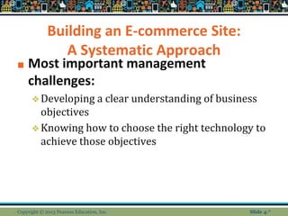 Building an E-commerce Site:
A Systematic Approach
■ Most important management
challenges:
❖Developing a clear understanding of business
objectives
❖Knowing how to choose the right technology to
achieve those objectives
Copyright © 2013 Pearson Education, Inc. Slide 4-*
 