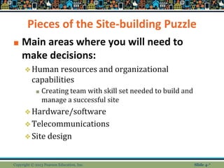 Pieces of the Site-building Puzzle
■ Main areas where you will need to
make decisions:
❖Human resources and organizational
capabilities
■ Creating team with skill set needed to build and
manage a successful site
❖Hardware/software
❖Telecommunications
❖Site design
Copyright © 2013 Pearson Education, Inc. Slide 4-*
 