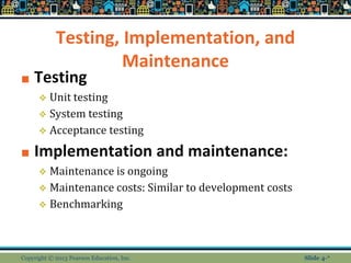 Testing, Implementation, and
Maintenance
■ Testing
❖ Unit testing
❖ System testing
❖ Acceptance testing
■ Implementation and maintenance:
❖ Maintenance is ongoing
❖ Maintenance costs: Similar to development costs
❖ Benchmarking
Copyright © 2013 Pearson Education, Inc. Slide 4-*
 