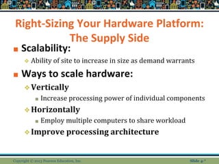 Right-Sizing Your Hardware Platform:
The Supply Side
■ Scalability:
❖ Ability of site to increase in size as demand warrants
■ Ways to scale hardware:
❖Vertically
■ Increase processing power of individual components
❖Horizontally
■ Employ multiple computers to share workload
❖Improve processing architecture
Copyright © 2013 Pearson Education, Inc. Slide 4-*
 