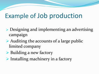 Example of Job production
 Designing and implementing an advertising
campaign
 Auditing the accounts of a large public
limited company
 Building a new factory
 Installing machinery in a factory
 