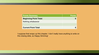 Points Summary Points
Beginning Point Total: 6
Nothing whatsoever
Current Point Total 6
I suppose that wraps up this chapter. I don’t really have anything to write on
this closing slide, so Happy Simming!
 