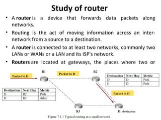 Study of router
• A router is a device that forwards data packets along
networks.
• Routing is the act of moving information across an inter-
network from a source to a destination.
• A router is connected to at least two networks, commonly two
LANs or WANs or a LAN and its ISP's network.
• Routers are located at gateways, the places where two or
more networks connect.
 