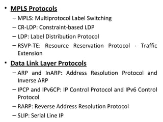 • MPLS Protocols
– MPLS: Multiprotocol Label Switching
– CR-LDP: Constraint-based LDP
– LDP: Label Distribution Protocol
– RSVP-TE: Resource Reservation Protocol - Traffic
Extension
• Data Link Layer Protocols
– ARP and InARP: Address Resolution Protocol and
Inverse ARP
– IPCP and IPv6CP: IP Control Protocol and IPv6 Control
Protocol
– RARP: Reverse Address Resolution Protocol
– SLIP: Serial Line IP
 