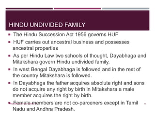 HINDU UNDIVIDED FAMILY
 The Hindu Succession Act 1956 governs HUF
 HUF carries out ancestral business and possesses
ancestral properties
 As per Hindu Law two schools of thought, Dayabhaga and
Mitakshara govern Hindu undivided family.
 In west Bengal Dayabhaga is followed and in the rest of
the country Mitakshara is followed.
 In Dayabhaga the father acquires absolute right and sons
do not acquire any right by birth in Mitakshara a male
member acquires the right by birth.
 Female members are not co-parceners except in Tamil
Nadu and Andhra Pradesh.
11PREPARED BY: MS. HIMANI R.
 