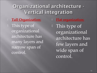  Tall Organization:
 This type of
organizational
architecture has
many layers and
narrow span of
control.
 Flat organization:
 This type of
organizational
architecture has
few layers and
wide span of
control.
10
 