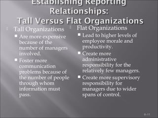  Flat Organizations
 Lead to higher levels of
employee morale and
productivity.
 Create more
administrative
responsibility for the
relatively few managers.
 Create more supervisory
responsibility for
managers due to wider
spans of control.
 Tall Organizations
 Are more expensive
because of the
number of managers
involved.
 Foster more
communication
problems because of
the number of people
through whom
information must
pass.
6–11
 