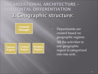  Departments are
created based on
geographic regions.
 All the activities in
one geographic
region is categorized
into one unit.
15
ORGANIZATIONAL ARCHITECTURE –
HORIZONTAL DIFFERENTIATION
 