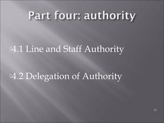 4.1 Line and Staff Authority
4.2 Delegation of Authority
23
 