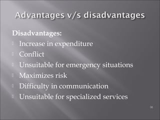 Disadvantages:
 Increase in expenditure
 Conflict
 Unsuitable for emergency situations
 Maximizes risk
 Difficulty in communication
 Unsuitable for specialized services
36
 