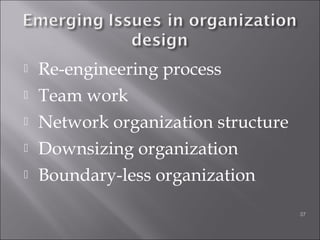  Re-engineering process
 Team work
 Network organization structure
 Downsizing organization
 Boundary-less organization
37
 