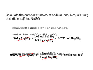 Calculate the number of moles of sodium ions, Na+
, in 5.63 g
of sodium sulfate, Na2SO4
formula weight = 2(23.0) + 32.1 + 4(16.0) = 142.1 amu
therefore, 1 mol of Na2SO4 = 142.1 g Na2SO4
there are two moles of Na+
ions per mole of Na2SO40.0396 mol Na2SO 4
2 mol Na
+
1 mol Na2SO 4
=x 0.0792 mol Na
+
5.63 g Na2SO4 x
1.00 mol Na2SO4
142.1 g Na2SO4
= 0.0396 mol Na2SO4
 