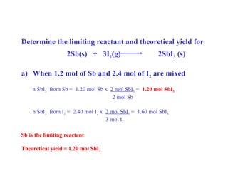 Determine the limiting reactant and theoretical yield for
2Sb(s) + 3I2(g) 2SbI3 (s)
a) When 1.2 mol of Sb and 2.4 mol of I2 are mixed
n SbI3 from Sb = 1.20 mol Sb x 2 mol SbI3 = 1.20 mol SbI3
2 mol Sb
n SbI3 from I2 = 2.40 mol I2 x 2 mol SbI3 = 1.60 mol SbI3
3 mol I2
Sb is the limiting reactant
Theoretical yield = 1.20 mol SbI3
 