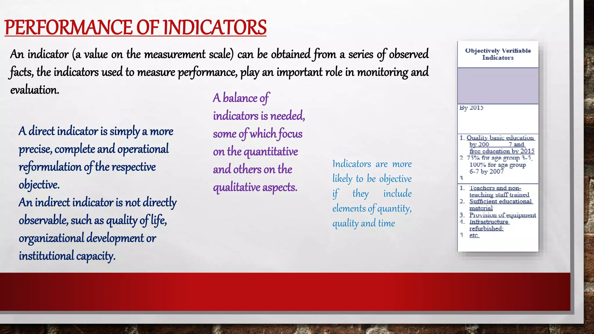 PERFORMANCE OF INDICATORS
Indicators are more
likely to be objective
if they include
elements of quantity,
quality and time
An indicator (a value on the measurement scale) can be obtained from a series of observed
facts, the indicators used to measure performance, play an important role in monitoring and
evaluation.
A direct indicator is simplya more
precise,complete and operational
reformulation of the respective
objective.
An indirect indicator is not directly
observable, such as qualityof life,
organizationaldevelopment or
institutional capacity.
A balance of
indicators is needed,
some of whichfocus
on thequantitative
and otherson the
qualitative aspects.
 
