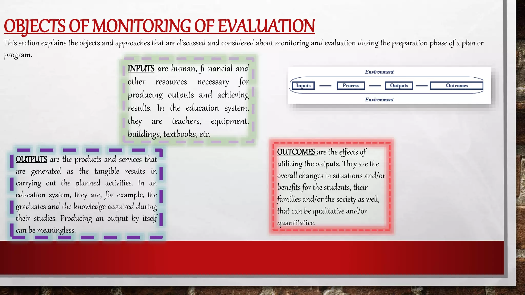 OBJECTS OF MONITORING OF EVALUATION
This section explains the objects and approaches that are discussed and considered about monitoring and evaluation during the preparation phase of a plan or
program.
INPUTS are human, ﬁ nancial and
other resources necessary for
producing outputs and achieving
results. In the education system,
they are teachers, equipment,
buildings, textbooks, etc.
OUTPUTS are the products and services that
are generated as the tangible results in
carrying out the planned activities. In an
education system, they are, for example, the
graduates and the knowledge acquired during
their studies. Producing an output by itself
can be meaningless.
OUTCOMESare the effects of
utilizing the outputs. They are the
overall changes in situations and/or
beneﬁts for the students, their
families and/or the society as well,
that can be qualitative and/or
quantitative.
 