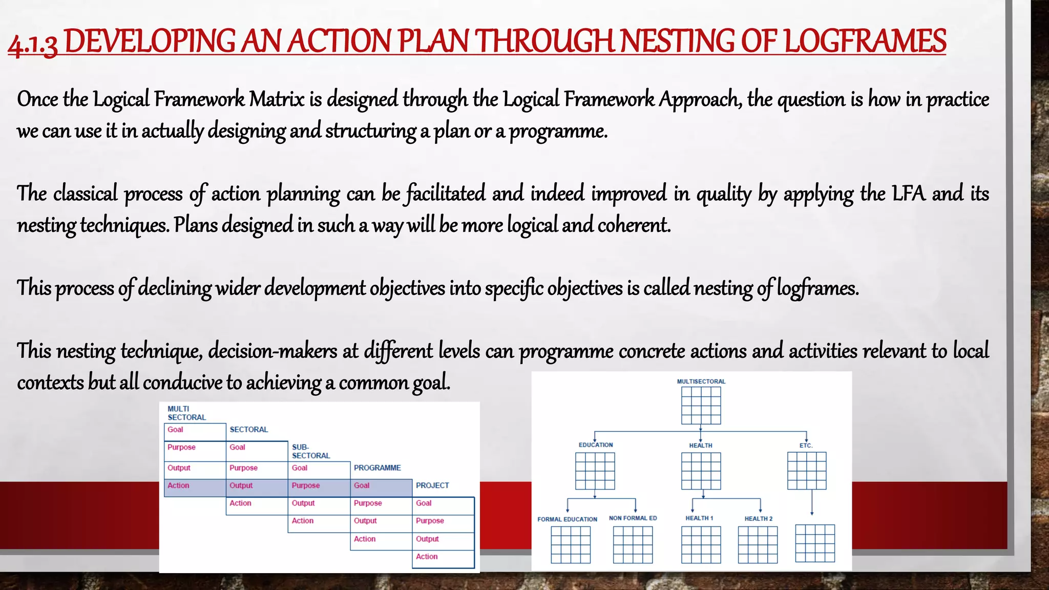 4.1.3 DEVELOPING AN ACTION PLAN THROUGH NESTING OF LOGFRAMES
Once the Logical Framework Matrix is designed through the Logical Framework Approach, the question is how in practice
we can use it in actuallydesigning and structuring a plan or a programme.
The classical process of action planning can be facilitated and indeed improved in quality by applying the LFA and its
nestingtechniques. Plansdesignedin sucha waywill be more logicaland coherent.
This process of declining widerdevelopment objectives intospecific objectives is callednesting of logframes.
This nesting technique, decision-makers at different levels can programme concrete actions and activities relevant to local
contexts but all conducive to achieving a common goal.
 