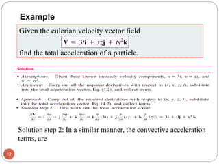 Example
Given the eulerian velocity vector field
find the total acceleration of a particle.
12
Solution step 2: In a similar manner, the convective acceleration
terms, are
 