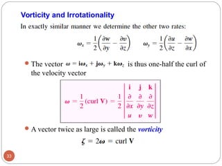 The vector is thus one-half the curl of
the velocity vector
A vector twice as large is called the vorticity
33
Vorticity and Irrotationality
 