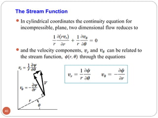 In cylindrical coordinates the continuity equation for
incompressible, plane, two dimensional flow reduces to
and the velocity components, and can be related to
the stream function, through the equations
40
The Stream Function
 