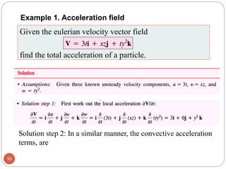 Example 1. Acceleration field
Given the eulerian velocity vector field
find the total acceleration of a particle.
10
Solution step 2: In a similar manner, the convective acceleration
terms, are
 