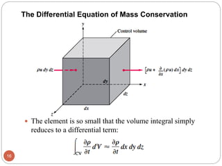  The element is so small that the volume integral simply
reduces to a differential term:
16
The Differential Equation of Mass Conservation
 