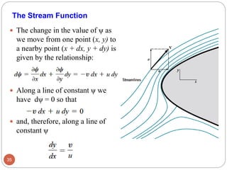  The change in the value of ψ as
we move from one point (x, y) to
a nearby point (x + dx, y + dy) is
given by the relationship:
 Along a line of constant ψ we
have dψ = 0 so that
 and, therefore, along a line of
constant ψ
35
The Stream Function
 