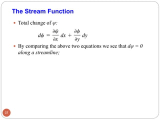  Total change of ψ:
 By comparing the above two equations we see that dψ = 0
along a streamline;
37
The Stream Function
 