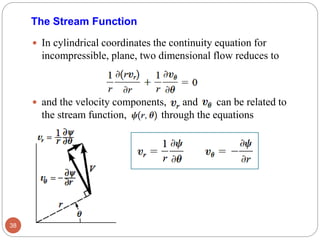  In cylindrical coordinates the continuity equation for
incompressible, plane, two dimensional flow reduces to
 and the velocity components, and can be related to
the stream function, through the equations
38
The Stream Function
 