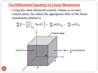 The Differential Equation of Linear Momentum
 Using the same elemental control volume as in mass
conservation, for which the appropriate form of the linear
momentum relation is
39
 