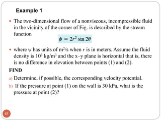 Example 1
 The two-dimensional flow of a nonviscous, incompressible fluid
in the vicinity of the corner of Fig. is described by the stream
function
 where ψ has units of m2/s when r is in meters. Assume the fluid
density is 103 kg/m3 and the x–y plane is horizontal that is, there
is no difference in elevation between points (1) and (2).
FIND
a) Determine, if possible, the corresponding velocity potential.
b) If the pressure at point (1) on the wall is 30 kPa, what is the
pressure at point (2)?
67
 