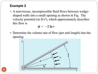 Example 2
 A nonviscous, incompressible fluid flows between wedge-
shaped walls into a small opening as shown in Fig. The
velocity potential (in ft/s2), which approximately describes
this flow is
 Determine the volume rate of flow (per unit length) into the
opening.
80
 