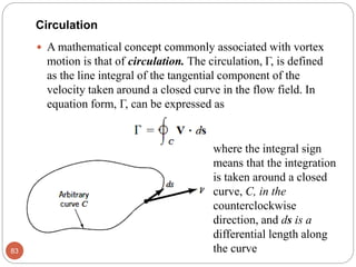  A mathematical concept commonly associated with vortex
motion is that of circulation. The circulation, Γ, is defined
as the line integral of the tangential component of the
velocity taken around a closed curve in the flow field. In
equation form, Γ, can be expressed as
83
Circulation
where the integral sign
means that the integration
is taken around a closed
curve, C, in the
counterclockwise
direction, and ds is a
differential length along
the curve
 