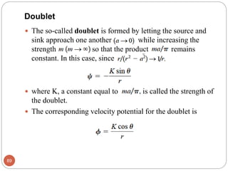  The so-called doublet is formed by letting the source and
sink approach one another while increasing the
strength so that the product remains
constant. In this case, since
 where K, a constant equal to is called the strength of
the doublet.
 The corresponding velocity potential for the doublet is
89
Doublet
 