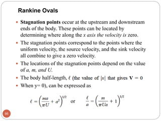  Stagnation points occur at the upstream and downstream
ends of the body. These points can be located by
determining where along the x axis the velocity is zero.
 The stagnation points correspond to the points where the
uniform velocity, the source velocity, and the sink velocity
all combine to give a zero velocity.
 The locations of the stagnation points depend on the value
of a, m, and U.
 The body half-length,
 When y= 0), can be expressed as
or
95
Rankine Ovals
 