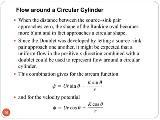 Flow around a Circular Cylinder
 When the distance between the source–sink pair
approaches zero, the shape of the Rankine oval becomes
more blunt and in fact approaches a circular shape.
 Since the Doublet was developed by letting a source–sink
pair approach one another, it might be expected that a
uniform flow in the positive x direction combined with a
doublet could be used to represent flow around a circular
cylinder.
 This combination gives for the stream function
 and for the velocity potential
98
 