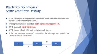 Black Box Techniques
State Transition Testing
 State transition testing exhibits the various states of scenario/system and
possible transition between them.
 The representation is called as State Transition Diagram(STD).
 A STD shows all Valid Transitions.
 A STD consist of pair of transition between 2 states.
 If the pair is missing between 2 states then the missing transition/s is/are
called as Invalid Transitions.
S1 S2 S3
A
D C
B
Neeraj Kumar Singh
 
