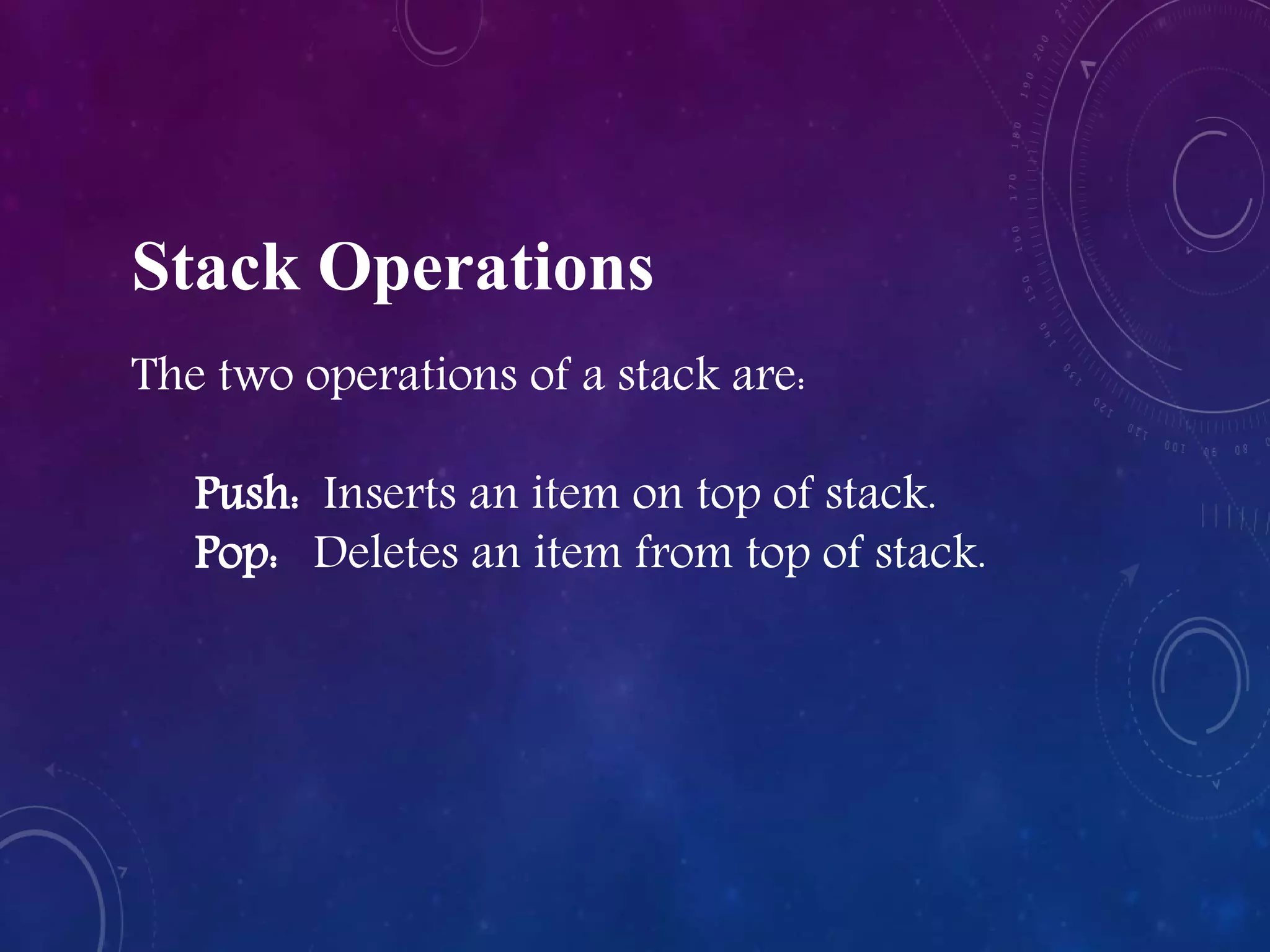 Stack Operations
The two operations of a stack are:
Push: Inserts an item on top of stack.
Pop: Deletes an item from top of stack.
 