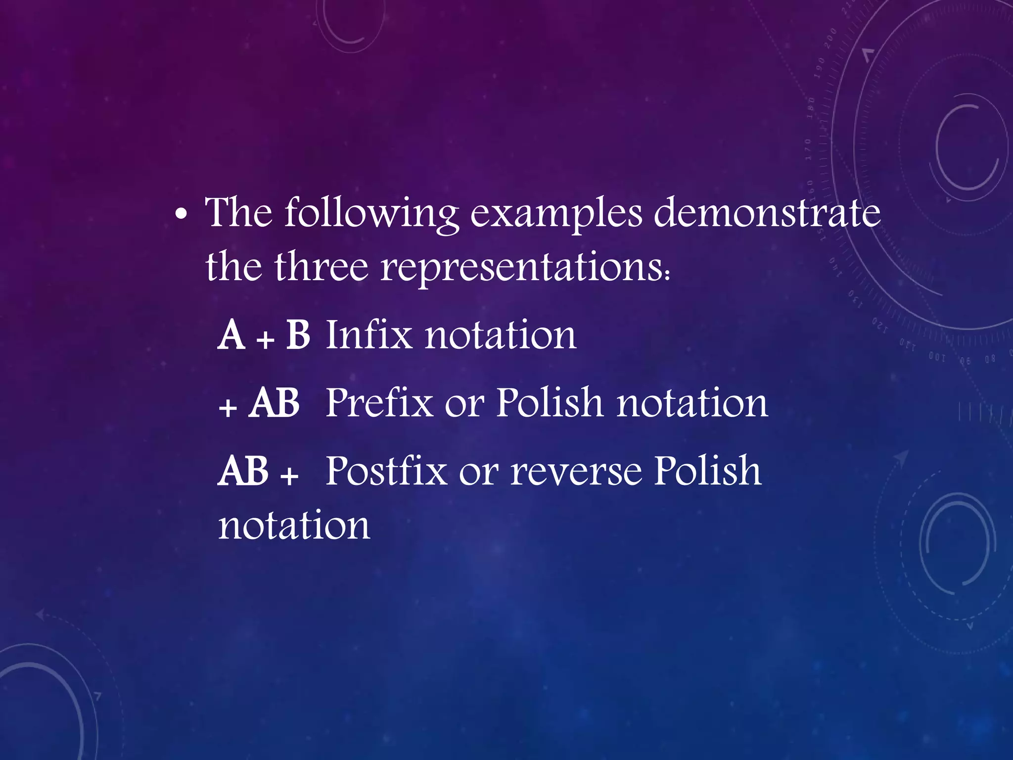 • The following examples demonstrate
the three representations:
A + B Infix notation
+ AB Prefix or Polish notation
AB + Postfix or reverse Polish
notation
 