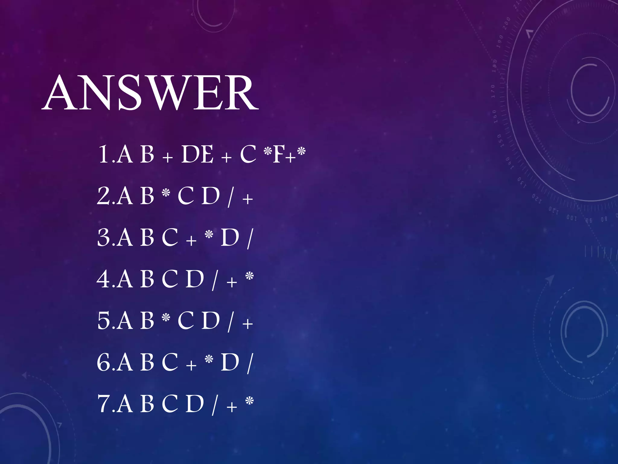 ANSWER
1.A B + DE + C *F+*
2.A B * C D / +
3.A B C + * D /
4.A B C D / + *
5.A B * C D / +
6.A B C + * D /
7.A B C D / + *
 