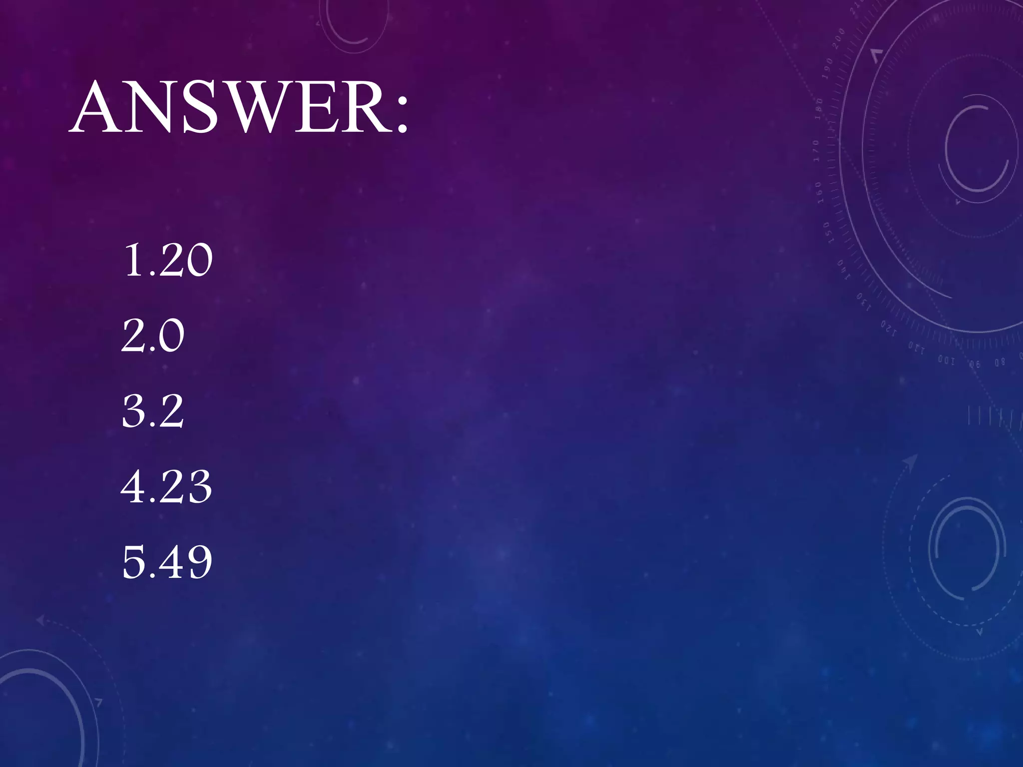 ANSWER:
1.20
2.0
3.2
4.23
5.49
 
