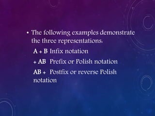 • The following examples demonstrate
the three representations:
A + B Infix notation
+ AB Prefix or Polish notation
AB + Postfix or reverse Polish
notation
 