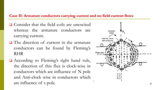 Case II: Armature conductors carrying current and no field current flows
 Consider that the field coils are unexcited
whereas the armature conductors are
carrying current.
 The direction of current in the armature
conductors can be found by Fleming’s
RHR
 According to Fleming’s right hand rule,
the direction of this flux is clock-wise in
conductors which are influence of N pole
and Anti-clock wise in conductors which
are influence of s pole. 30
 