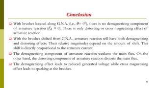 Conclusion
 With brushes located along G.N.A. (i.e., 𝜃= 0°), there is no demagnetizing component
of armature reaction (𝐹𝑑 = 0). There is only distorting or cross magnetizing effect of
armature reaction.
 With the brushes shifted from G.N.A., armature reaction will have both demagnetizing
and distorting effects. Their relative magnitudes depend on the amount of shift. This
shift is directly proportional to the armature current.
 The demagnetizing component of armature reaction weakens the main flux. On the
other hand, the distorting component of armature reaction distorts the main flux.
 The demagnetizing effect leads to reduced generated voltage while cross magnetizing
effect leads to sparking at the brushes.
35
 