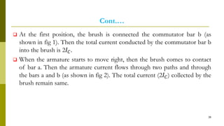Cont.…
 At the first position, the brush is connected the commutator bar b (as
shown in fig 1). Then the total current conducted by the commutator bar b
into the brush is 2𝐼 𝐶.
 When the armature starts to move right, then the brush comes to contact
of bar a. Then the armature current flows through two paths and through
the bars a and b (as shown in fig 2). The total current (2𝐼 𝐶) collected by the
brush remain same.
38
 